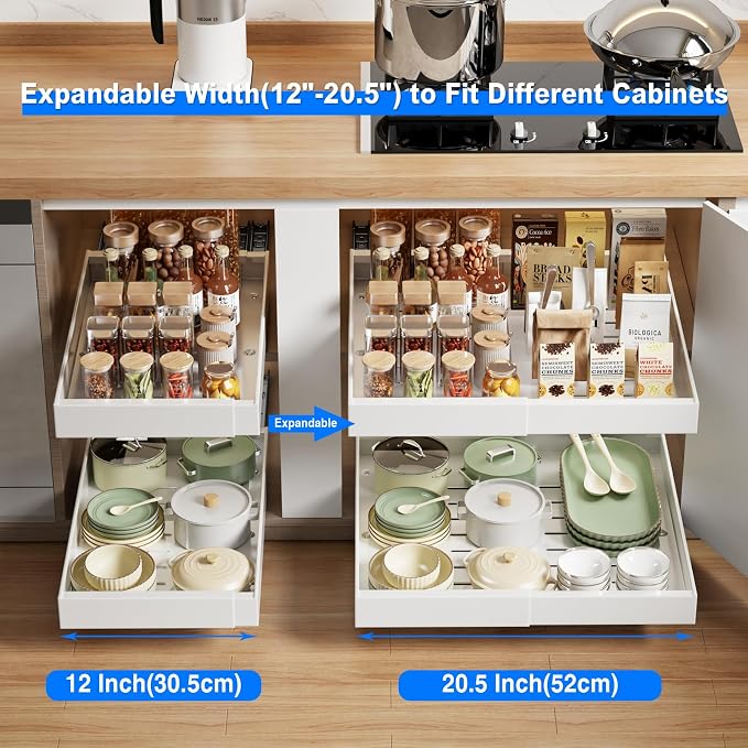 MUSTORN Expandable Pull Out Cabinet Organizer, 21"Deep Slide Out Drawer for Cabinets Adhesive Pull Out Drawers Heavy Duty Pull Out Shelves for Kitchen, Cupboard, Pantry, Bathroom(White,1-Pack) - Image 3