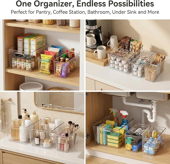 MOONEDGE Set of 12 Clear Plastic Storage Organizer Bins, 4 Large & 8 Small | Under-Sink Storage Containers, Bathroom, Kitchen, Fridge, Cabinet Organization, Clear Bins for Organizing, Small Storage Bins - Image 2