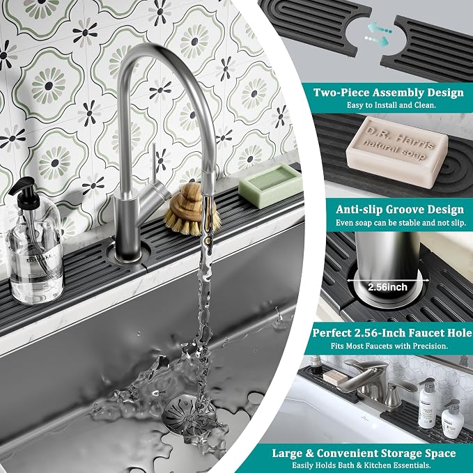 Stone Faucet Mat for Kitchen Sink - Quick Dry Diatomite Sink Splash Guard, Prevents Moisture Buildup & Water Stains, Water Absorbing Stone Tray for Bathroom Countertop (Dark Gray, 30" x 4") - Image 7