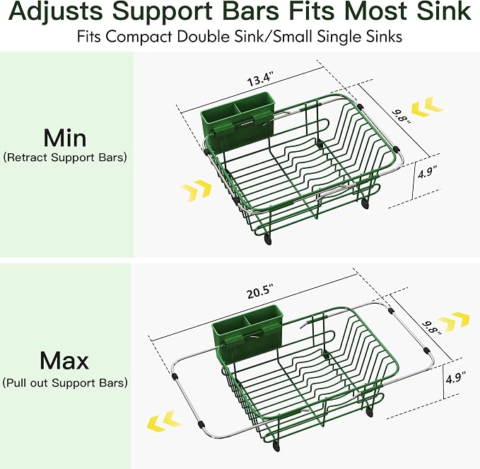 JASIWAY Green Dish Drying Rack in Sink with Utensil Holder, RV, Apartment | Over Sink Expandable Stainless Steel Dish Drainers for Compact Kitchen, Space Saving, Fast Drain, Rustproof, For 1-2 people - Image 4