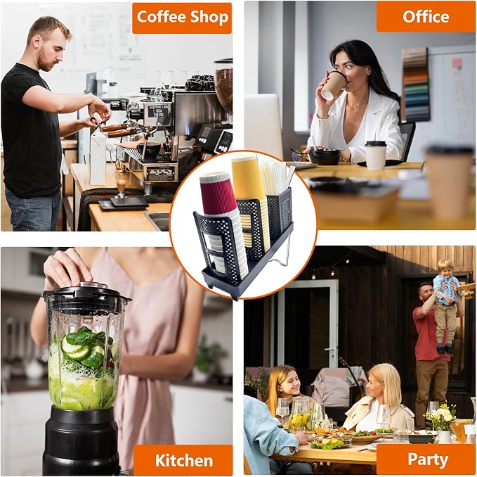 Coffee Cup Holder, Paper Cup and Lid Holder Dispenser with Straw Organizer,3-Slot Upright Disposable Plastic Coffee Cup Dispenser for Stations, Kitchens, Bars, Restaurants, Lounges (Black) - Image 8