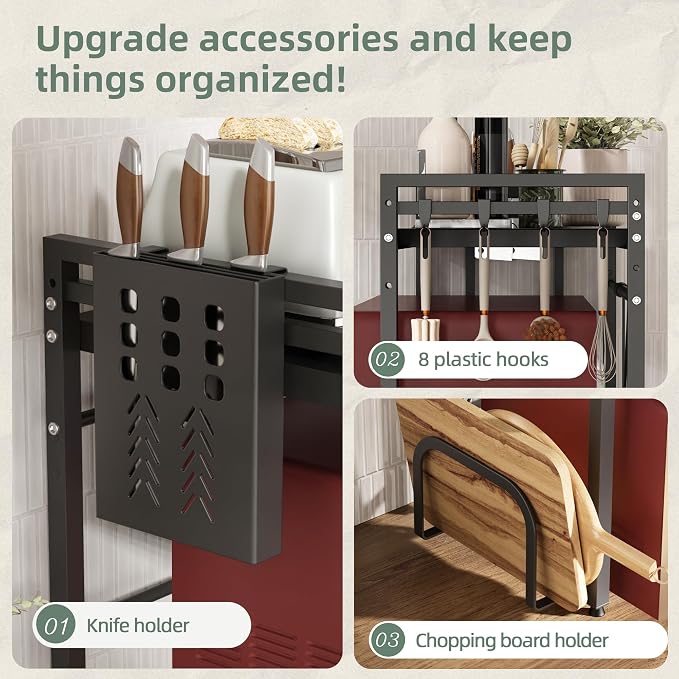 3 Tier Expandable Microwave Stand countertop,Microwave Oven Rack | microwave shelf with Cutting Board Holder and Knife Holder, storage shelf for pans &appliances,55 Lbs load Per Tier,Black - Image 3