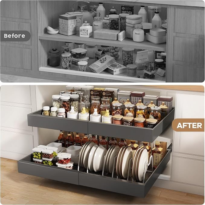 Seinloes 2 Pack Pull out Cabinet Organizer 21" Deep With Raising Pad for Framed Cabinets,Expandable (15.2"-26.3"W) Slide out Drawers for Kitchen Cabinets with 4pcs Divider Racks,Roll out Shelves,Black - Image 6