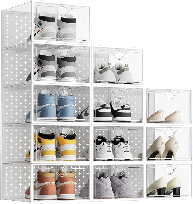 12 Pack X-Large Shoe Storage Boxes, Shoe Organizer Clear Stackable | Fit US Size 11, 6.2” Height, Shoe Dispaly Case Holder Bins Sneaker Storage for Sneakerheads, For Home and Family, White by Pinkpum