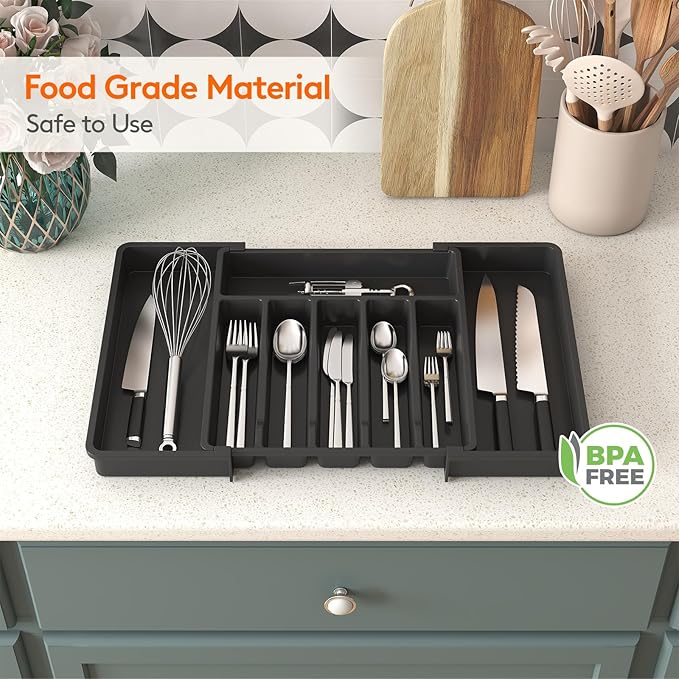 Lifewit Extra Large Silverware Drawer Organizer, Expandable Utensil Tray | BPA Free Flatware Cutlery Holder for Kitchen, Adjustable Plastic Storage for Spoons Forks Knives, 13-22 x15, Black - Image 7
