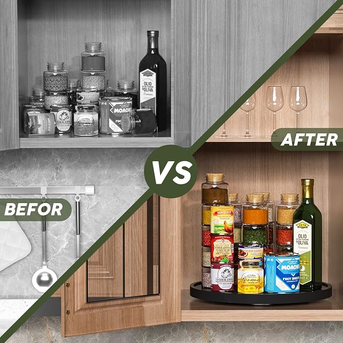 Lazy Susan Organizer, 13.2 Inch Non-Skid Bamboo Turntable | Kitchen Table Cabinets Closets and Kitchen Islands, Wood Turntable for Kitchen Countertop Organizer, Black - Image 4