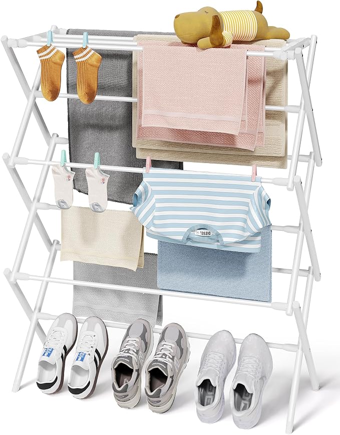 Sakugi Foldable 3-Tier Clothes Drying Rack 37.4" H with Non-Slip Feet | Indoor & Outdoor Use, Space Saving, Metal Frame, 11.4" D x 29.1" W, White by Sakugi