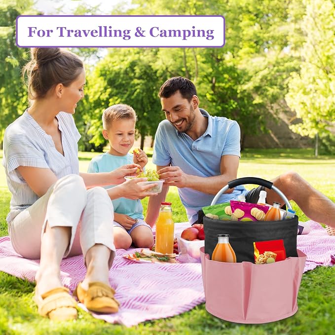 17L Cleaning Supply Caddy for Family, Portable Shower Caddy with Handle and 6 Pockets, Foldable Tool Bucket Organizer, Large Storage Basket for Camping, Gardening, Black with Pink - Image 7