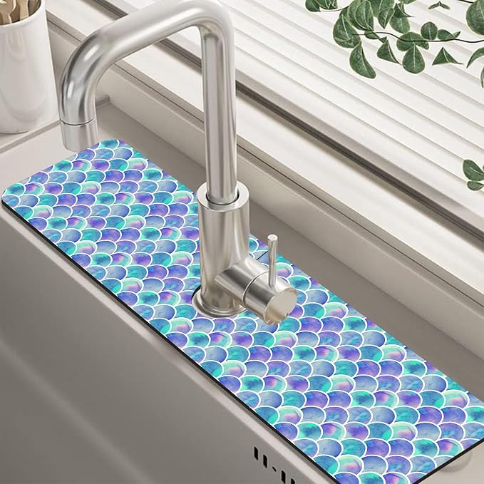 Watercolor Rainbow Scales Sink Faucet Absorbing Mat Sink Splash Guard Faucet Mat Draining Mat Fast Drying Sink Protectors for Kitchen and Bathroom 5.5"×24" by Unknown