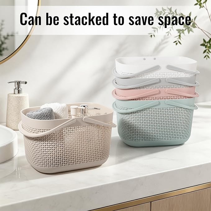 Plastic Portable Shower Caddy Basket, Storage Organizer with Handle, Beige | Bottom Drain Holes, Keep Dry, Sturdy and Durable, Easy to Carry for Bathroom, Kitchen, Dorm Room, RV, College - Image 6