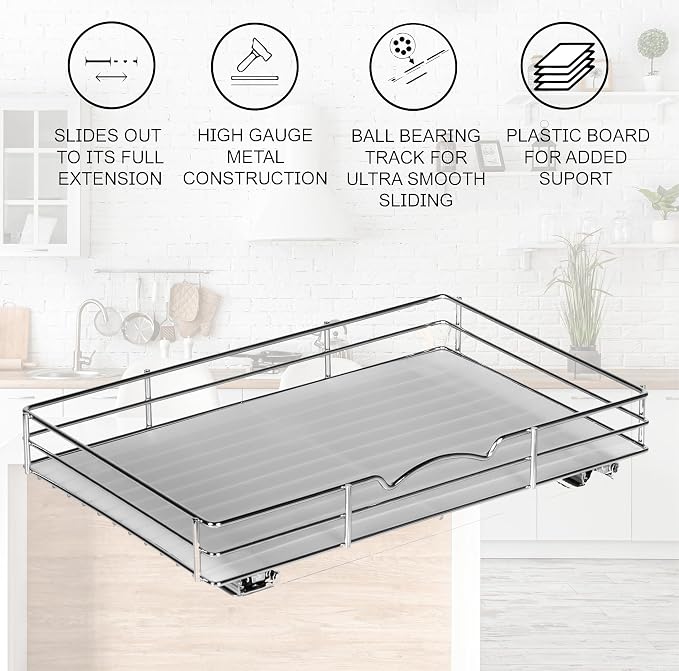 Pull-Out Cabinet Spice Rack Organizer, 16 ⅜"W x 10 ⅜"D x 2 ¾"H | Slim Slide-Out Storage for Spices, Bottles & Jars, Premium Heavy-Duty Steel, Easy Install for Narrow Kitchen Cabinets, Chrome - Image 2