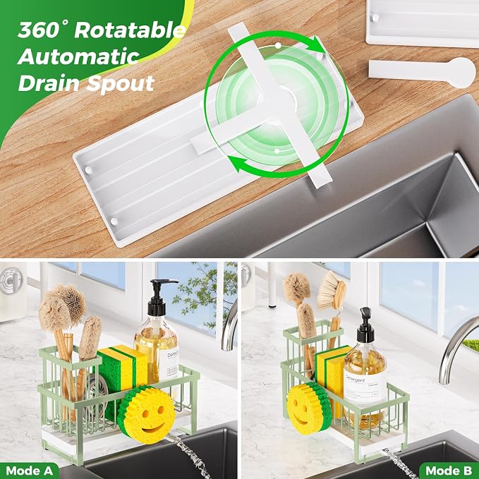 Sponge Holder for Kitchen Sink,Sink Caddy with Removable Dish Brush Holder,Self-Draining Kitchen Countertop Organizers and Storage Essentials,Soap Dispenser Organize and Home Decor-Green - Image 4