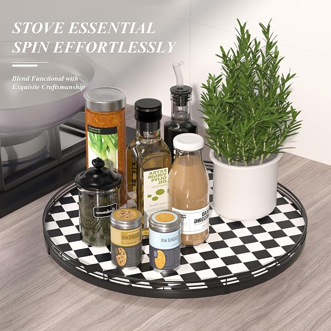 AMH18-Inch Black and White Checkerboard Lazy Susan Decorative Tray | Smooth rotating oak tray with walnut finish for dining tables, kitchen counters, pantries and cabinet storage. - Image 5