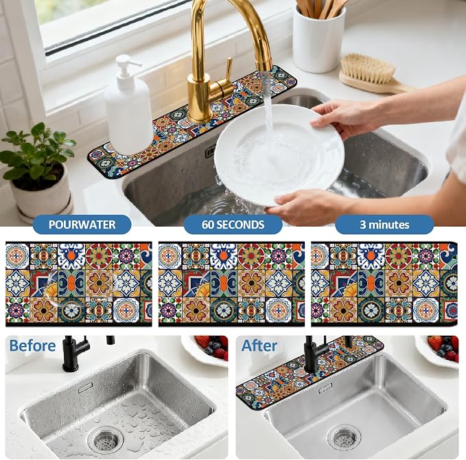 2 Pcs Kitchen Sink Splash Guard Faucet Mat Colored Bohemian Tiles Pattern Faucet Mat for Sinks Absorbing Drying Mat for Kitchen Bathroom, 23.6x5.5inch - Image 5