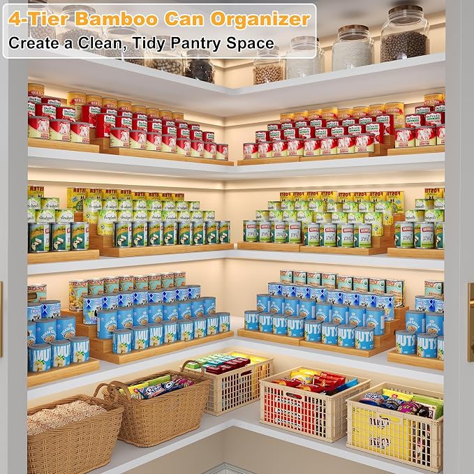 4-Tier Expandable Bamboo Can Storage Rack for Pantry, Holds Up to 32 Cans | Adjustable Can Organizer & Soda Can Dispenser, Canned Goods Display Shelf for Cabinets & Countertops (Patent Pending) - Image 2