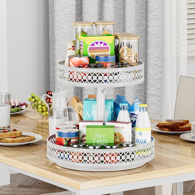 2 Tier Lazy Susan Organizer - Adjustable Rotating Spice Rack 12 inch | Floral Turntable Lazy Susan for Cabinet Pantry Kitchen Countertop Table Top Cupboard Bathroom Vanity Storage Metal White - Image 6