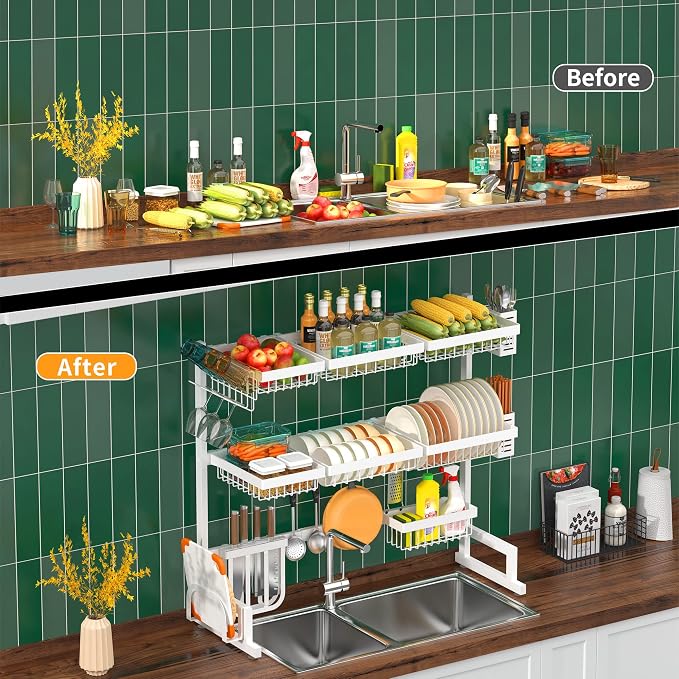 PUSDON Over Sink Dish Drying Rack Stainless Steel, Adjustable Large Dish Drainer for Storage Kitchen Organization White 3 Tier - Standard(34"-46") - Image 2