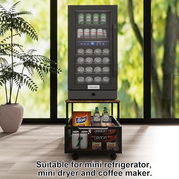 PUNCIA 19.7" x 23.6" Mini Fridge Stand with Large Capicity Storage, Retro | Sturdy Refrigerator Table with Lockable Wheels, Rolling Fridge Cart Heavy Duty Appliance Platform for Dorm, Apartment Bedroom - Image 5