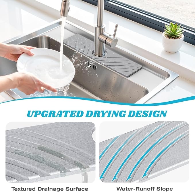 SpaceHacks Stone Faucet Mat for Kitchen Sink 15.7x4 in, Light Gray | Fast Drying Diatomite Stone Drying Mat, Water Splash Guard, Textured Drainage Sink Protector, Suits Bathroom&Kitchen Counter - Image 3