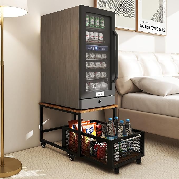 PUNCIA 19.7" x 23.6" Mini Fridge Stand with Large Capicity Storage, Retro | Sturdy Refrigerator Table with Lockable Wheels, Rolling Fridge Cart Heavy Duty Appliance Platform for Dorm, Apartment Bedroom - Image 8