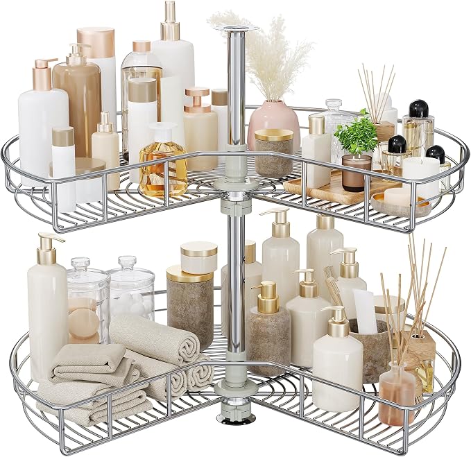 DWVO 28″ Kidney 2-Tier Lazy Susan – Telescoping Mount Corner Cabinet Organizer with Pie-Shelf Design, for Bathroom,Kitchen Cabinet Blind Corners (Chrome, 270° Adjustable) by DWVO