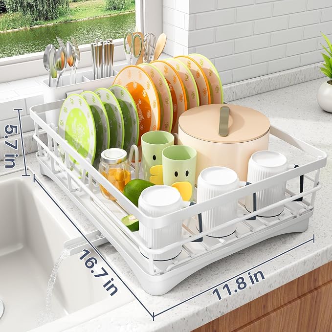 SAYZH Dish Drying Rack for Kitchen Counter with Utensil Holder, White | Stainless Steel, Large Capacity, Angled Drainboard, Rotating Spout, Removable to Clean - Image 5