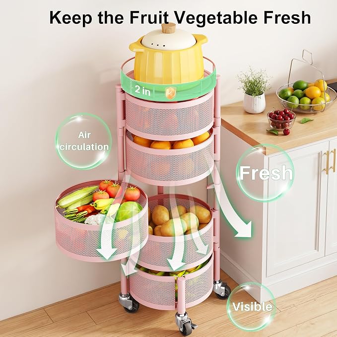 SAYZH 5 Tier Fruit Vegetable Basket Stand for Kitchen, Rotating, Pink | Rolling Storage Cart with top lid, Large Metal Wire Rack for Potato and Onion Storage - Image 4