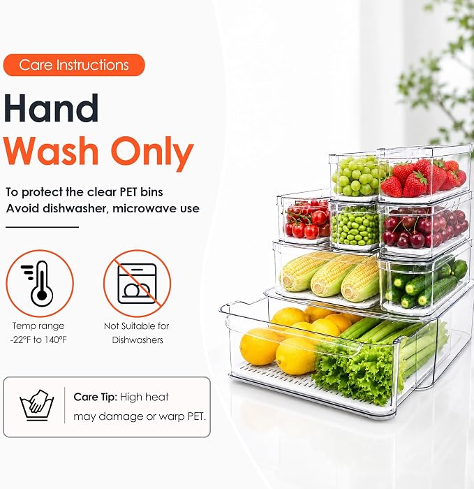SMRCAD Clear Fridge Bins with Drain Trays - BPA-Free PET, Stackable(8 Pack) | 8 Pack: 1 Drawer + 7 lidded Bins, Helps Keep Produce Fresh, 18.3L Capacity, Hand Wash Only - Image 2
