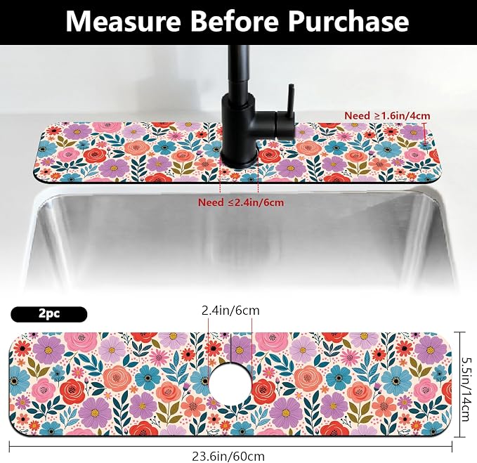 2 Pcs Kitchen Sink Splash Guard Faucet Mat Colorful Spring Flowers Faucet Mat for Sinks Absorbing Drying Mat for Kitchen Bathroom, 23.6x5.5inch - Image 2
