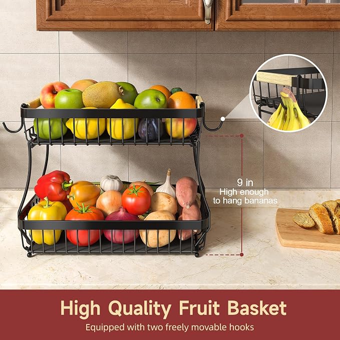 3-Tier Fruit Basket with Banana Hangers, Detachable Metal Bowl | Wooden handle, protective mats included. Versatile holder for bread, snacks, and veggies. Large 3 tier metal design. - Image 3