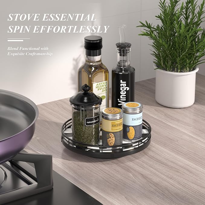 AMH 9-Inch Black and White Checkerboard Lazy Susan with Oak Base | Smooth rotating oak tray with walnut finish for dining tables, kitchen counters, pantries and cabinet storage. - Image 2