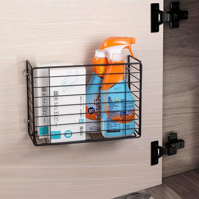 Lonian Wall Mounted Storage Basket, Black Metal Wire Kitchen Wrap Organizer Rack, Heavy Duty Hanging Basket for Cabinet Door, Pantry, Cutting Boards, Foil, and Cleaning Supplies by Lonian