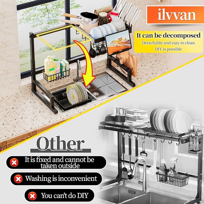 ilvvan Over Sink Dish Drying Rack (Expandable Height/Length) Snap-On Design Large Dish Drainer Storage Counter Organizer 24" - 35.5"(L) x 12"(W) x 19" - 22"(H) - Image 4