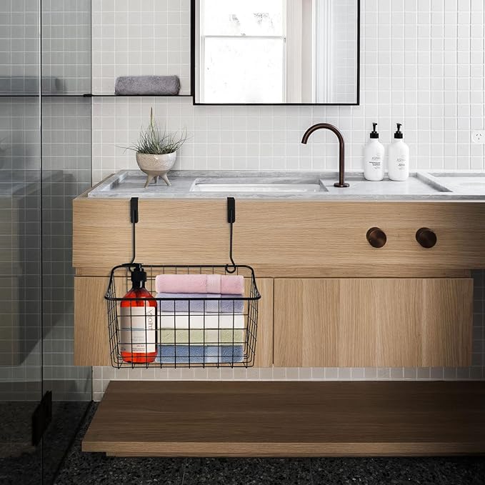 4PCS Over the Cabinet Basket, Over Cabinet Door Organizer, Grid Storage Baskets with Hooks, Metal Hanging Basket Kitchen Storage Organizer Holder for Pantry, Bathroom, Black, 11x9.2x4.3’’ - Image 6