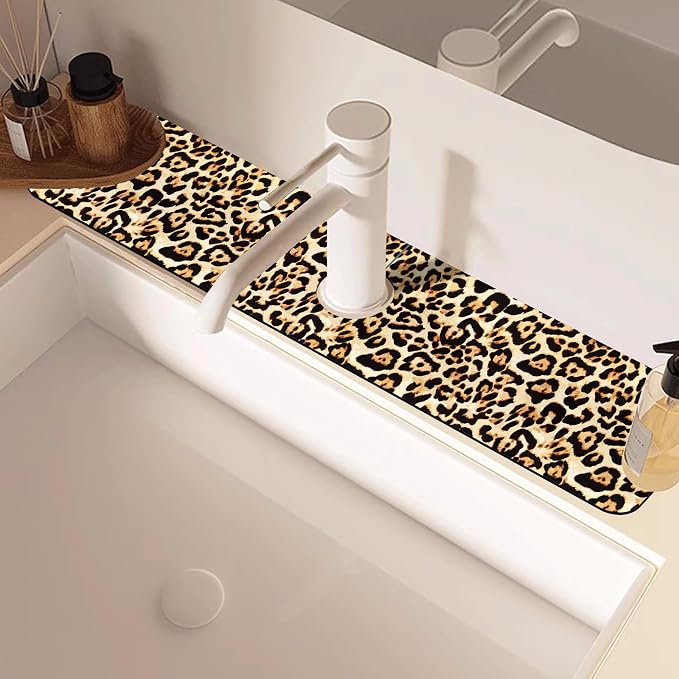 Abstract Brown Leopard Dish Drying Mat for Kitchen Sink Splash Guard Behind Faucet Sink Mat Absorbent Fast Drying Faucet Draining Mat for Bathroom Kitchen 5.5"×24" - Image 2