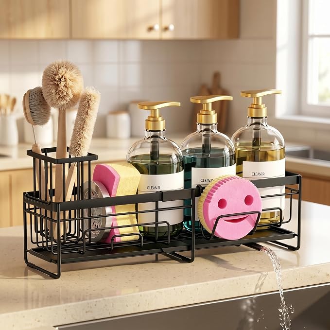 spospo Extendable Sponge Holder for Kitchen Sink Extra Large Sink Caddy | Adjustable Length Sink Caddy Organizer with High Brush Holder, Self-Draining Countertop Organizer - Image 4