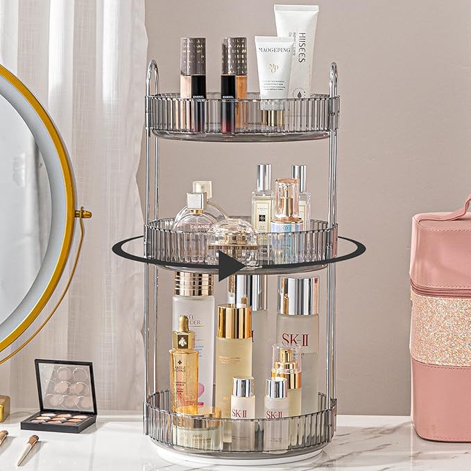 Rotating Makeup Organizer for Vanity, Large Capacity Skincare Perfume Storage, Bathroom Counter Organizer, 360 Spinning Cosmetic Dresser Countertop Organizers (Gray, 3 Tier) by SHUANGQING
