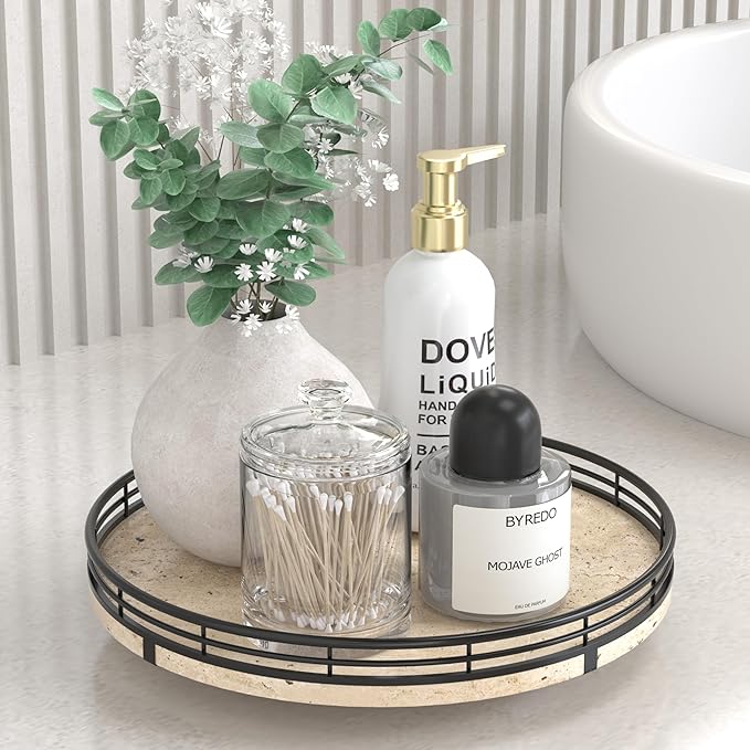 AMH 10-Inch Italian Travertine Lazy Susan with Black Metal Frame | Smooth rotating oak tray with walnut finish for dining tables, kitchen counters, pantries and cabinet storage. by AMH