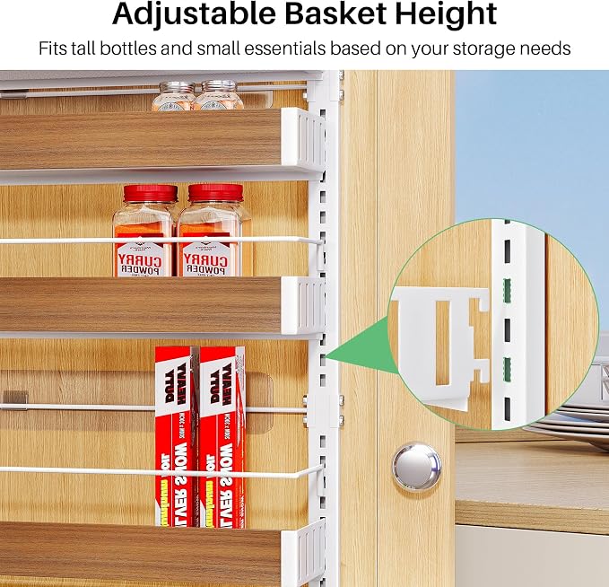 SNTD 8 Tiers Wooden Over the Door Organizer, 17" W x 6" D x 69" H, Walnut | Pantry Door Organizers and Storage, Height Adjustable Spice Rack, Dense Mesh Baskets, Anti-Swing, Adjustable Door Fastener - Image 4