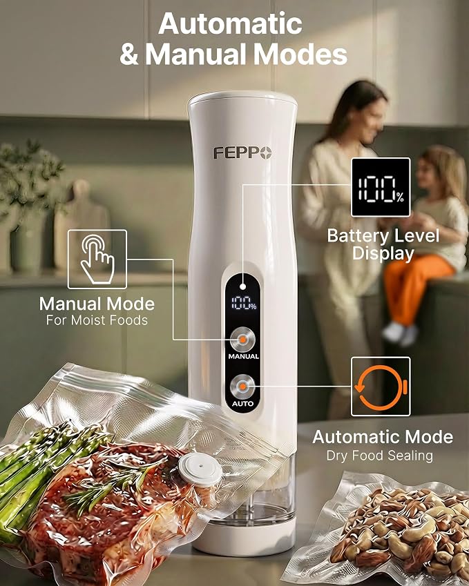 FEPPO Compact Vacuum Sealer for Food (Vacuum Sealer Machine + 3 Containers + 10 Reusable Bags), Anti-Overflow Powerful Portable Handheld Food Sealer, Auto & Manual Modes, Travel Lock, Easy-Clean - Image 2
