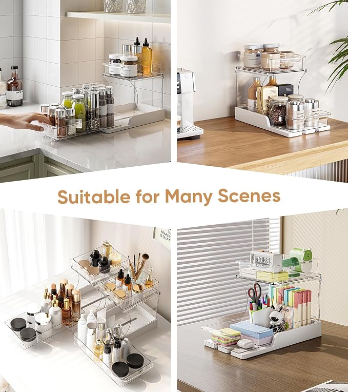 YICHE 2 Tier Multi-Purpose Office Sliding Organizer Shelf, Kitchen Countertop Organizer Drawer for Bathroom Under Sink & Coffee Bar, Space Saving Pull Out Medicine Cabinet Organization Storage Rack - Image 7