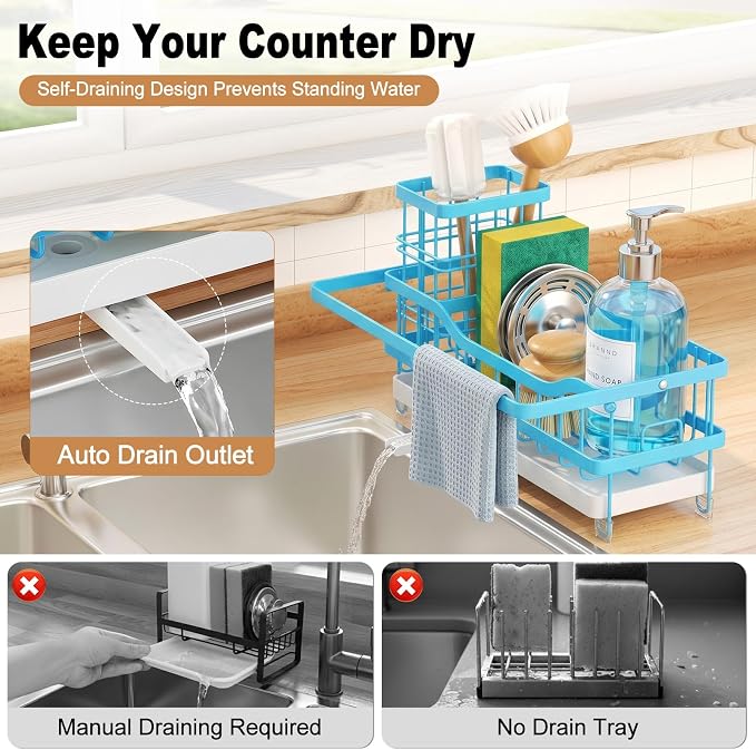 Sponge Holder for Kitchen Sink, Self-draining Sink Caddy with Towel Rack and Brush Holder, Metal Kitchen Countertop Organizers and Storage Essentials, Blue - Image 3