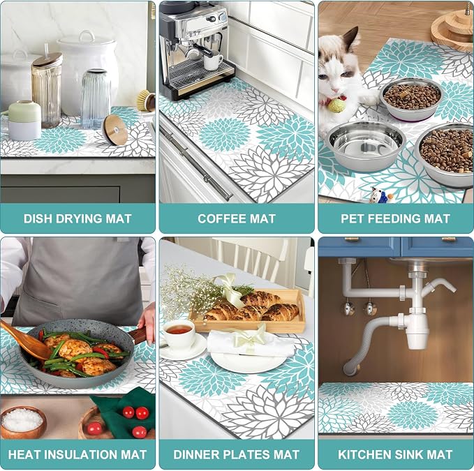 Findosom 2PCS 17" x 32" Dish Drying Mat & 24" x 5.5" Sink Splash Guard, Super Absorbent & Cuttable Dish Mat Drying Kitchen Mat with Teal Floral, Hide Stain Drying Mat for Kitchen Counter - Image 9