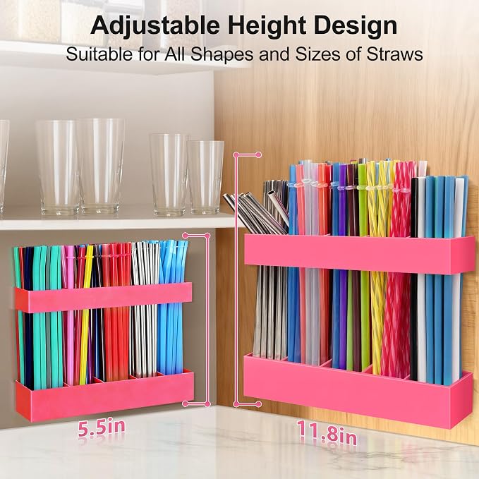 9.5” Large Acrylic Straw Holder for Cabinet Door, Adjustable Two-Part | Reusable Straws Organizer with Ultra Sticky Adhesive Strips, 2026 Straw Storage for Kitchen Cupboard (Hot Pink) - Image 2