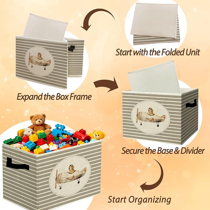 Rustic Golden Retriever Airplane Storage Bins Boxes with Handles | toys books clothes, grey striped nursery foldable basket for organizing bedroom toddler room playroom - Image 6