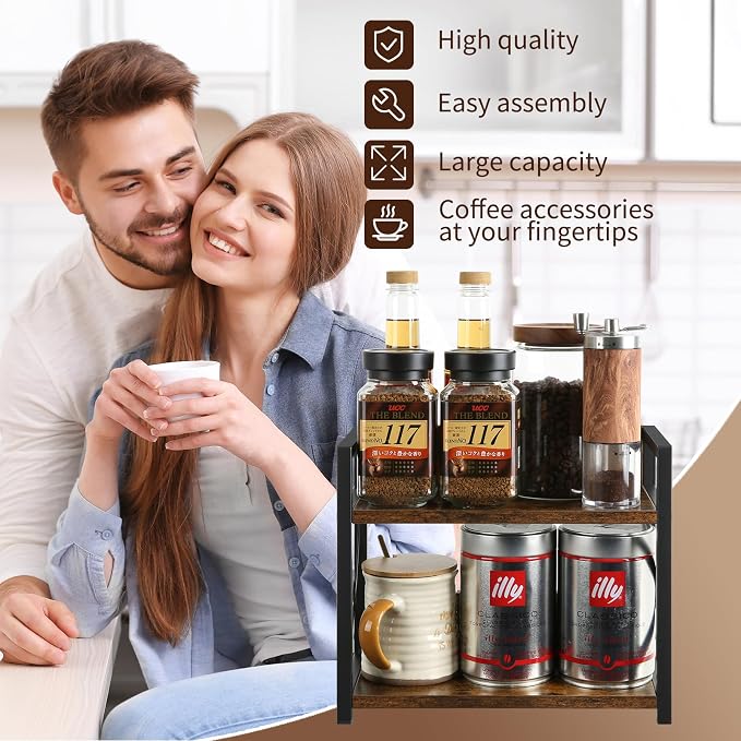 YINMIT Countertop Shelf Organizer,Coffee Bar Accessories,Spice Rack,Coffee Counter Shelf,2 Tier Coffee Organizer Station for Mugs,Cups,Cream,Syrup(Rustic Brown, Small) - Image 7