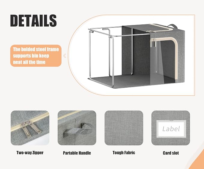 3 Openings Large Clothes Storage Bins with Metal Frame, Foldable Storage Bin for Clothes, Clothing Storage Bins with Lid, Linen Storage Box With Clear Window＆ Zippers＆ Handles.(3 Pcs,Light Grey,66L) - Image 4
