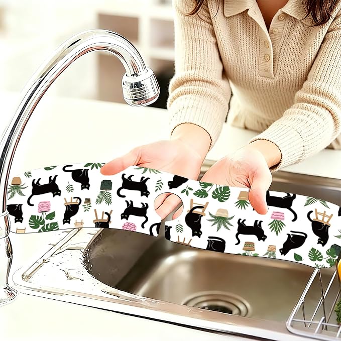 2 Pcs Kitchen Sink Splash Guard Faucet Mat Potted Cat Pattern Faucet Mat for Sinks Flower Absorbing Drying Mats for Kitchen Bathroom - Image 6
