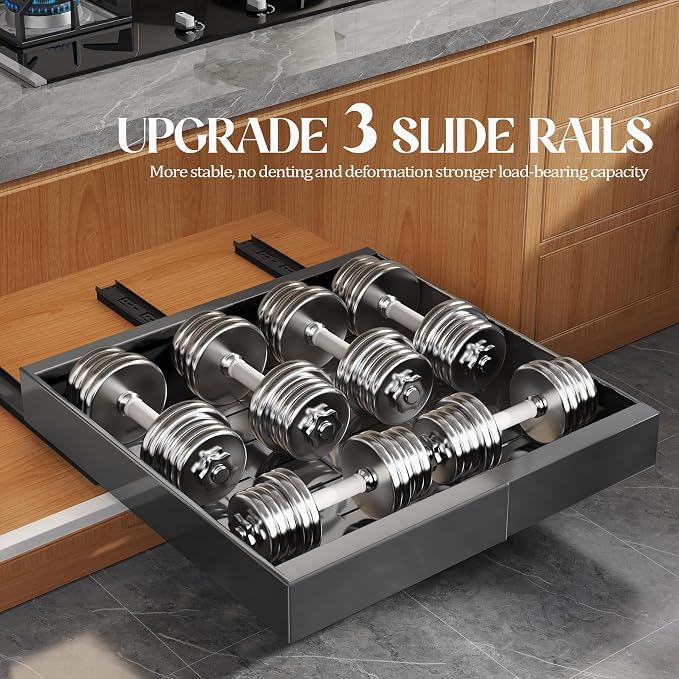 Seinloes 6 Pack Expandable Pull Out Cabinet Organizer 21"Deep With Raising Pad for Framed Cabinets,Upgrade 3 Slide Rails Slide Out Drawers,No Drill Roll Out Shelves,Adjustable Width 12.1"-20.4" Black - Image 5