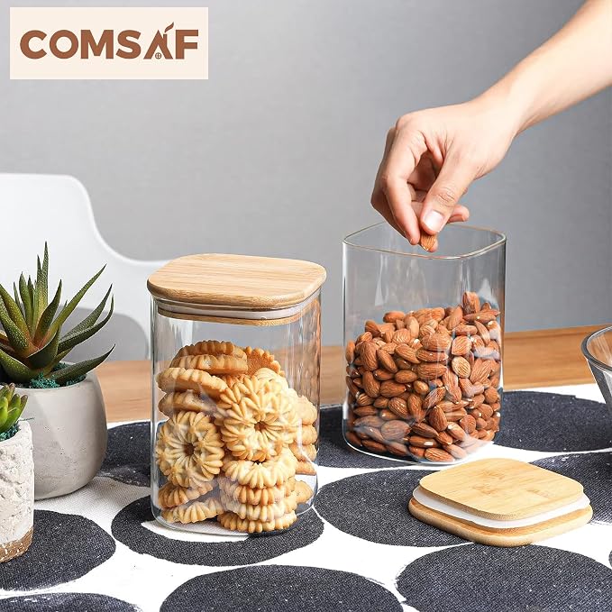 ComSaf Square Glass Containers With Lids 1.2 Qt, Set of 4 Pantry Galss Jars | Kitchen Glass Pantry Storage Containers, Storage Canisters, Silicone Seal, Dry Food, Cookie, Flour, Spice, Coffee, BPA Free - Image 4